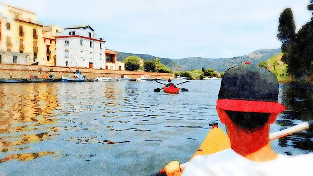 Boys go canoeing on the river of a small town in Sardinia in Italy during the summer. Digital painting.