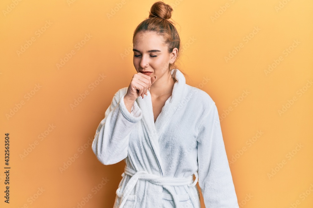 Poster young blonde woman wearing bathrobe feeling unwell and coughing as symptom for cold or bronchitis. h