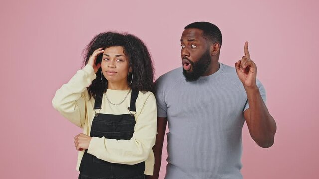 Pensive african american man and woman thinking over problem solution, guy having great idea, lady agreeing