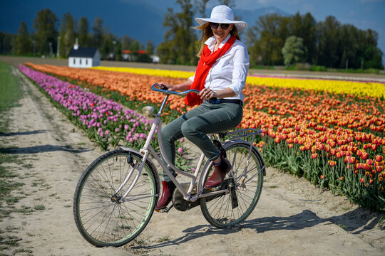 Very happy, very excited caucasian woman riding her old bike by the tulip field. Arms and legs wide open  and she shows happiness in British Columbia, Canada.