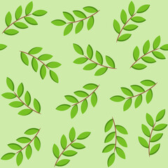 Green foliage seamless pattern. Branches with leaves on light green background. Trendy flat style, floral decoration and backgrounds. Vector illustration