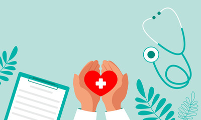 The hands of a medical professional hold a heart, a tablet and a stethoscope, top view. Banner with copy space. Vector stock illustration. 