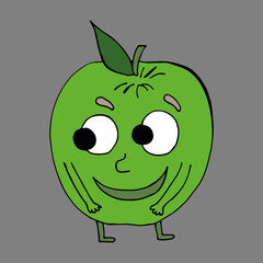 Vector illustration of a funny green apple. Character in cartoon style. Fruits. Healthy eating. Comics. Hand drawn in doodle style. Can be applied for landing page, banner, flyer, sticker.