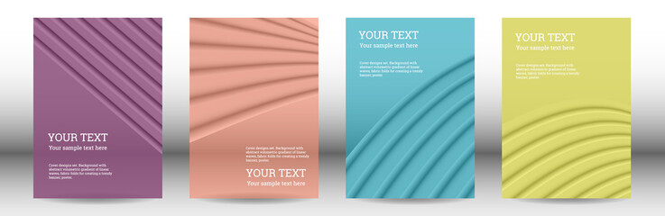 Cover designs set. Background with abstract volumetric gradient of linear waves, fabric folds for creating a trendy banner, poster