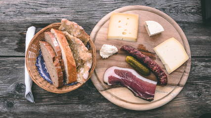 Amazing alpine mountain food - smoked sausage and cheese. Italian mountain food