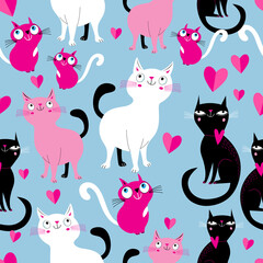 Funny seamless bright festive pattern of lovers of cats