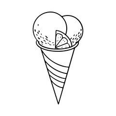 Hand drawn doodle ice cream balls with citrus piece in crispy waffle cone. Sketch vector illustration for cafe menu, card decoration.