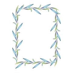 Watercolor rectangle border of green and blue leaves. Illustration for wedding, printing and web purposes