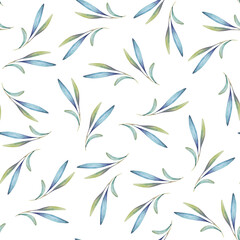 Blue and green leaves, watercolor seamless pattern for scrapbooking, print, paper, white background