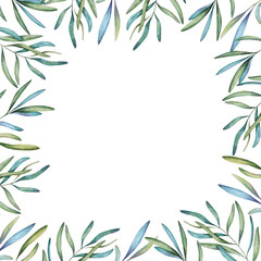 Square frame of branch, leaves. Template for text. Watercolor illustration for greeting cards, printing, wedding