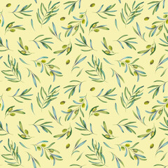 Watercolor seamless pattern of green leaves, olive and branch, for print, scrapbooking