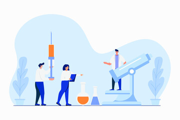 Doctors working at researching laboratory vector illustration. Group of scientists doing research and experiments at medical lab with special equipment flat style concept