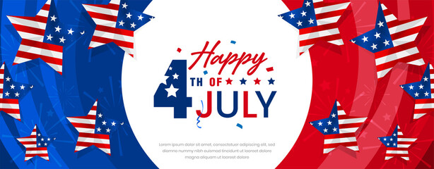 Happy 4th of July USA independence day celebration design with confetti and stars  on red and blue circular abstract background with elements of star shaped American flag.

