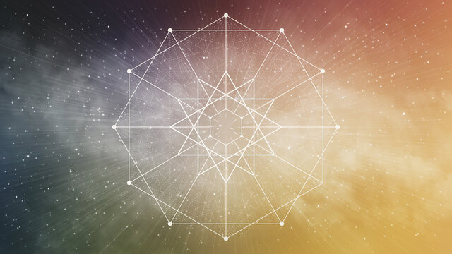 Sacred geometry dodecagram, dodecagon- vintage toned retro sky with clouds and stars - yellow, orange, green, blue