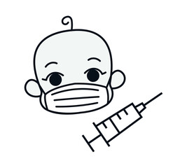 Child in a surgical mask and syringe black and white outline. Healing mask protect against viruses. Kids character logo. Face mask. Newborn in a protective bandage. Coronavirus pandemic, covid-19 flat