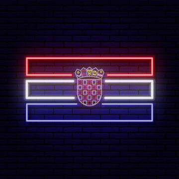 Neon sign in the form of the flag of Croatia. Against the background of a brick wall with a shadow. for the design of tourist or patriotic themes.