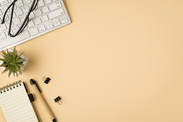 Top view photo of white keyboard glasses flowerpot notebook pen and binders on isolated beige background with copyspace