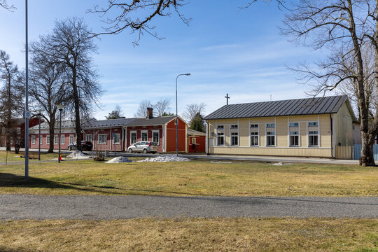 View on city streets of Kristiinankaupunki and low old styled houses, nordic architecture