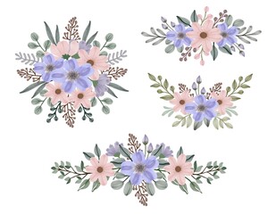 Set of watercolor floral frame bouquets of purple and peach flowers. vector design