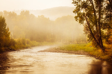 Obraz na płótnie Canvas Foggy sunrise river