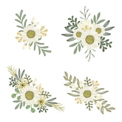 white flower bouquet collection for wedding invitation  vector design.  arrangement of watercolor floral in white. 