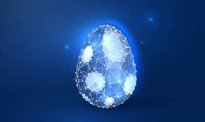 Easter egg in a futuristic digital style on a blue background. Concept for a congratulatory postcard. Vector illustration of an egg with decoration