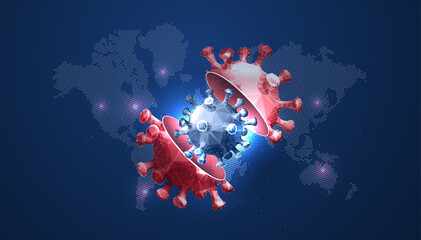 Mutating virus concept in a futuristic style on a dark background with DNA structure. Flu strain evolution, vector illustration in futuristic polygonal style