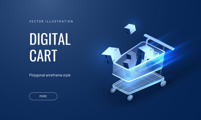 Digital online store in a futuristic luminous style. Retail innovation concept. Neon shopping cart with boxes, technology concept in logistics or supermarkets