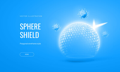 Fototapeta na wymiar Dome shield geometric vector illustration on a blue background. Bubble shield futuristic for protection in an abstract glowing style. Landing page and cover in tech style