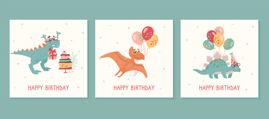 Fototapeta na wymiar Happy birthday greeting cards set. Tyrannosaur rex, stegosaurus, pteranodon, Balloons, cakes, gifts. Funny dinosaurs on holiday cards for kids. Vector, cartoon style.
