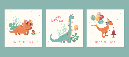 Fototapeta na wymiar Happy birthday greeting cards. Velociraptor, brontosaurus , Triceratops, balloons, bunting, cakes, gifts. Funny dinosaurs on holiday cards for kids. Vector posters, cartoon style