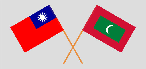 Crossed flags of Maldives and Taiwan. Official colors. Correct proportion