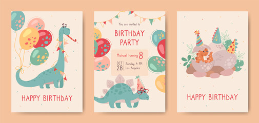 Fototapeta na wymiar Happy birthday, postcards with dinosaurs and invitation to holiday. Stegosaurus, brontosaurus, and a small newborn dinosaur that hatched from an egg. Dinos on holiday cards for kids. Vector, cartoon.