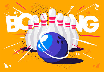Vector illustration of a bowling set with a ball and skittles - obrazy, fototapety, plakaty