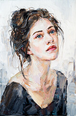 Art painting. Portrait of a girl with brown hair is made in a classic style. .