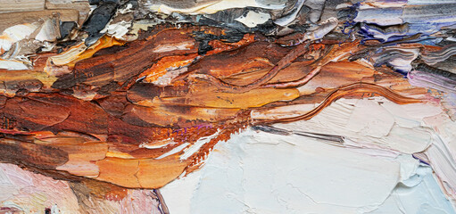 Embossed pasty oil paints and reliefs. Primary colors: yellow, white, brown, orange.  Abstract art. Mix of paints.