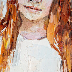 Art painting. Pink female lips. Fragment of portrait of a girl with brown hair is made in a classic style. .