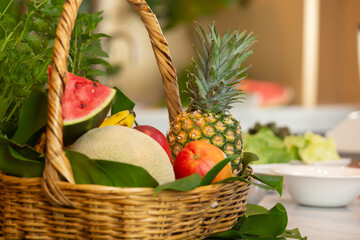 fresh fruit in a basket, pineapple  and watermelon 