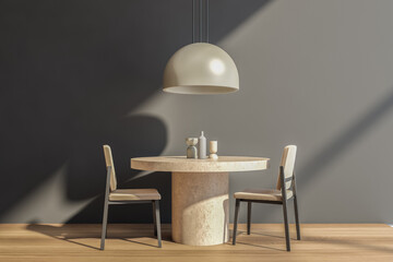 Fototapeta premium Beige eating room interior with chairs and table with dishes, big lamp