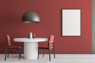Red eating room interior with chairs and table, big lamp and mockup poster