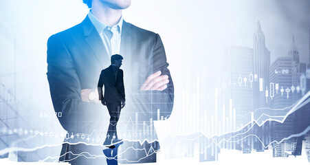 Businessman boss in suit walking, graph changes and skyscrapers