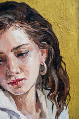.Portrait of a girl on a gold background. Woman in a white shirt with dark hair. Oil painting on canvas.