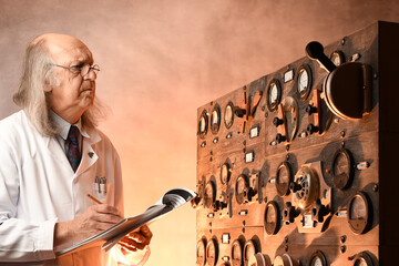 Scientist working in its laboratory, doing a physics experiment, reading the user manual