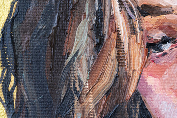 .Detail of oil painting on canvas. Fragment of a woman's face.