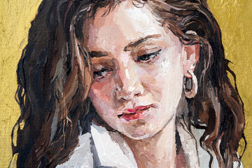 .Portrait of a girl on a gold background. Woman in a white shirt with dark hair. Oil painting on canvas.