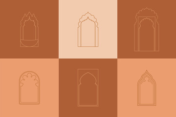 Vector arched elements, different window in linear style for logos, emblems, badges, in moroccan style. 