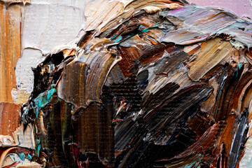 .Embossed pasty oil paints and reliefs. Primary colors: yellow, white, brown.  Abstract art. Mix of paints.