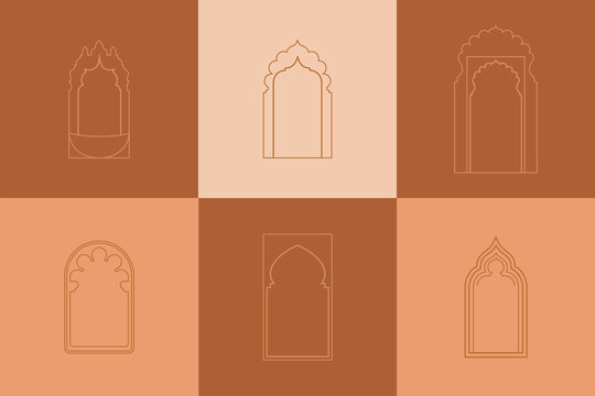 Vector arched elements, different window in linear style for logos, emblems, badges, in moroccan style. 
