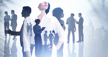 Silhouettes of diverse business people working, rushing and looking for solutions in abstract...