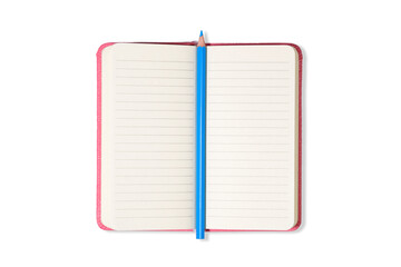 Pink Blank open office Notepad or notebook isolated on white background and blue pencil. Mock up. Top view.